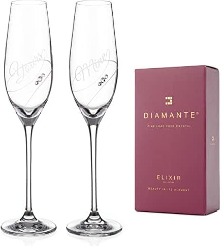 DIAMANTE Swarovski Crystal Champagne Flutes Prosecco Glasses - Yours & Mine - Set of 2