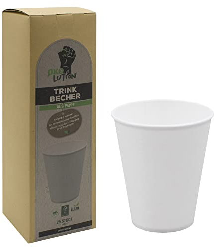 Ökolution Pappbecher weiß 25 Stück, ca. 250 ml Inhalt, für kalte und heiße Getränke, NEU: ohne Beschichtung aus Kunststoff oder Bio-Kunststoff, stabil, aus nachhaltigem FSC-Karton