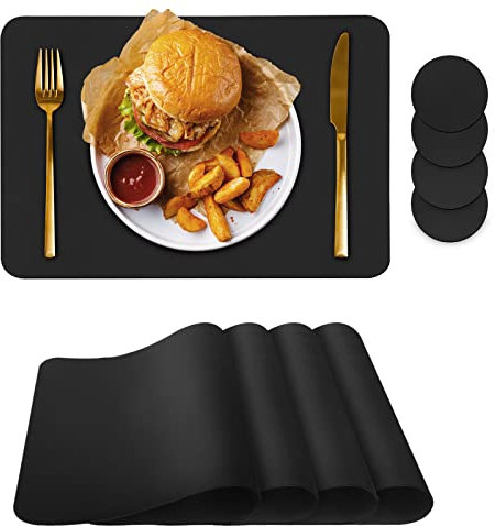Platzdeckchen-Set, 4 Stück, Platzsets mit Untersetzern, Hitze-Flecken, Kratzfest, rutschfest, wasserdicht, öldicht, waschbar, abwischbar, Küchendekoration und Kinder (schwarz, 4)
