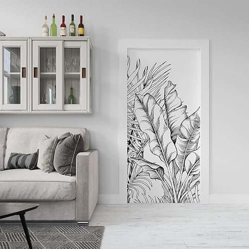 COPPIA - Stickers de Porte Plante Tropicale Feuille Noir et Blanc - Papier Peint Nature - Autocollant Adhésif - Poster - 83 X 205 cm -Décoration Chambre Bureau Salon Couloir - Fabrication française