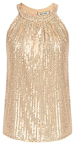 Damen Neckholder Bluse Loose Fit Rundhals Tops Pailletten Oberteile T-Shirt Champagner Gold XL CL1792A22-01