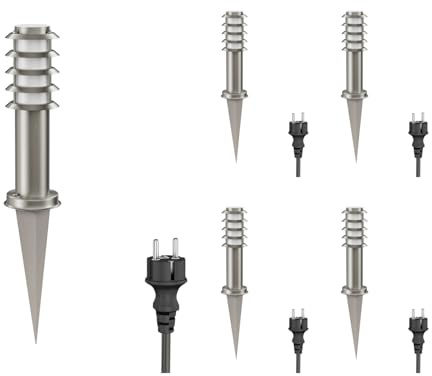 ledscom.de 5x Pollerleuchte PORU mit Erdspieß und 2m Kabel für außen, IP44, Gitter, 39cm, edelstahl, inkl. E27 Lampe max. 1020lm, weiß