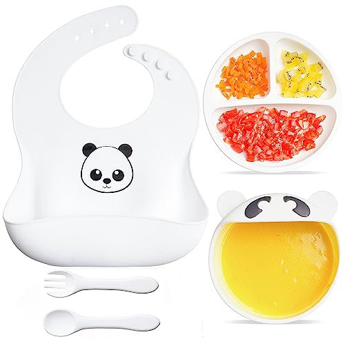 kidoo - Vajilla para Bebé de Silicona, 5 Piezas, Cuenco, Plato con Ventosa, Babero, Tenedor y Cuchara, Set de Alimentación Infantil Libre de BPA, Accesorio de Aprendizaje y Destete (Blanco)