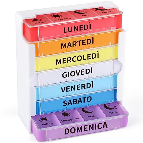 Opret Portapillole Settimanale ITALIANO, Portapillole Giornaliero Grande, Porta Pillole Settimanale a 28 Scomparti, Organizer per Pillole da Viaggio