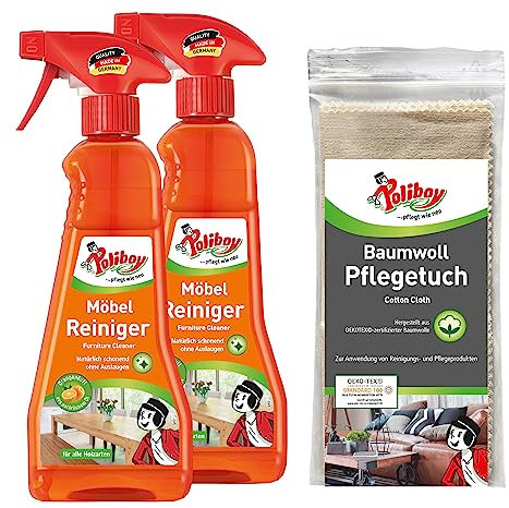 POLIBOY Möbel Reiniger - Schonender Holzreiniger für unbehandelte und versiegelte Holzmöbel - Seifenfreie Rezeptur - Mit frischem Organgenduft - 2x 375 ml - inkl. Baumwolltuch - Made in Germany
