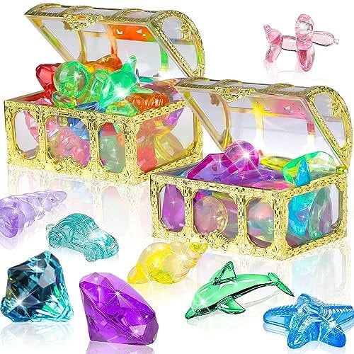 Graplan Tauchspielzeug für Kinder 51 STK Tauchjuwel Pool Spielzeug mit 2 Gold Schatzkiste,Ozean Thema Tauchjuwelen für Kinder Bunte Unterwasser Edelstein Dive Gem Pool Spielzeug für Kinder