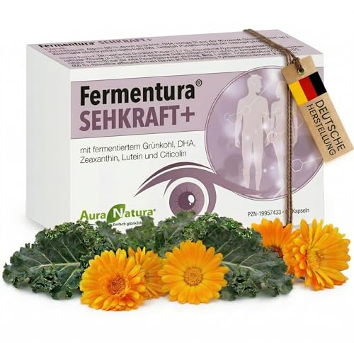 Lutein Zeaxanthin Kapseln für die Augen | Fermentura® SEHKRAFT+ | Augenvitamine mit pflanzlichem Omega 3 (DHA), Vitamin A, B2, C & D – 60 vegetarische Kapseln