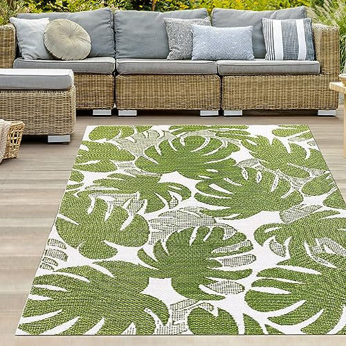 Teppich-Traum Großer Outdoor-Teppich Plastik Kunststoff wetterfest pflegeleicht Wohnmobil Camping Picknick Strand Tropische Palmen-Blätter grün weiß 240 x 340 cm
