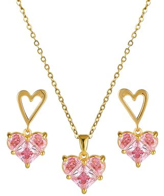 Emibele Set di Gioielli a Cuore Rosa, Parure di Orecchini e Collana a Cuore con Zirconia Cubica Scintillante, Collana e Orecchini con Pendenti per Donne, Ragazze e Adolescenti, Oro e Rosa