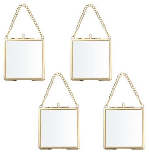 SUMTree 4 Pcs Mini-Quadrat Bilderrahmen aus Metall Glas Hängende Glas Fotorahmen Geometrische Ornament Pflanze Probe Clip Für gepresste Blumen Fotos 2.7 * 2.7/7 * 7cm(Golden)