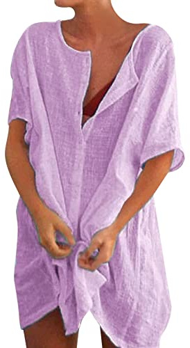 Sommerkleid Damen Strandkleid Bikini Cover Up Mit Rund Ausschnitt Knopfleiste Kurzarm Beach Strandponcho Pareos Locker Bademode Strandtunika Vertuschen Shirt Für Urlaub Lila 4XL