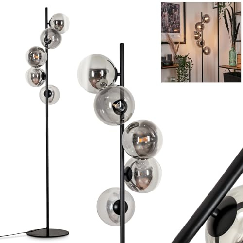 Stehleuchte Remaisnil, Stehlampe aus Metall/Glas in Schwarz/Rauchfarben/Klar, Standlampe im Retro/Vintage-Design mit Schirmen aus Glas (Ø 15 cm) u. Fußsschaler, Höhe 160 cm, 5 x G9, ohne Leuchtmittel