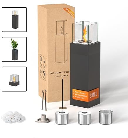 3 IN 1 Bio Ethanol Standkamin,Tischkamin für Indoor und Outdoor - Bioethanolkamin aus Edelstahl Füllmenge von Unendliche Brenndauer (Schwarz)