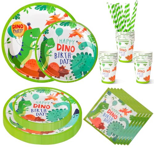 120 Pcs Assiette Dinosaure Anniversaire, Ensemble de Vaisselle pour 24 Invités Assiettes en Papier Colorées Gobelets en Papier Serviettes Pailles