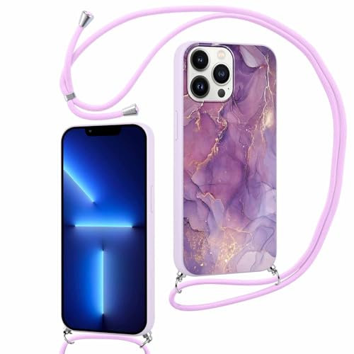 ZhuoFan Funda con Cuerda para iPhone 12 Pro MAX 6,7, Suave TPU Silicona Carcasa Patrón de Mármol Púrpura con Colgante Ajustable Collar Correa de Cuello Cadena Cordón Cover Case y Motivo-18