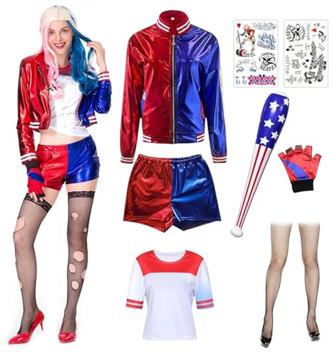 RANJIMA Quinn Cosplay Kostüme für Erwachsene, Quinn Kostüm Damen Mädchen Bösewicht Suicide Kostüm mit Jacke T-Shirt Shorts Handschuh Tatto Baseballschläger für Karneval Fasching Mottoparty Halloween