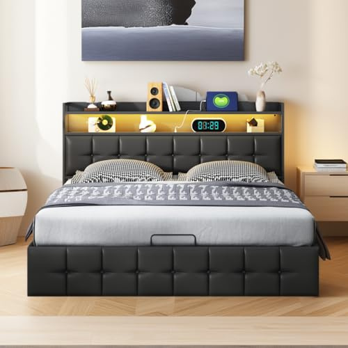 KeepGoon Doppelbett 140 x 200cm,Polsterbett mit Stauraum und Lattenrost,LED-Kopfteil mit USB-Funktion,stauraumbett,Funktionsbetten,Schwarzes Leder,Luftdruckstab,Aufbewahrung weiches Bett