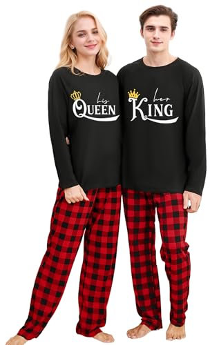 Amissz Pyjama Couple Noel - Vêtements de Nuit Femme et Homme Long Hiver - Hauts + Pantalon 2Pcs (Noir - Femme, S)