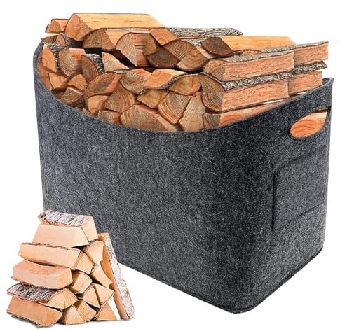 JOLIGAEA Cesta de Fieltro para Leña, Cesta de Leña Plegable, Bolsas de Fieltro para Leña, Bolsa de Fieltro Multiusos, Bolsa de Leña para Compras, Madera, Periódicos, Juguetes, Ropa, Gris Oscuro