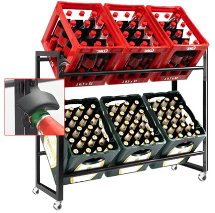 Bierkastenständer, Kistenständer, Kistenregal 6 Kisten, Getränkekistenregal, Regal Getränkekisten, Wasserkistenregal schwarz, flaschenkastenständer, bierkisten regal mit Rollen und Flaschenöffner