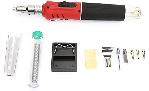 Gas Soldering Iron Kit, 10PCS HS-1115K Multifunction Butane Gas Soldering Iron Cordless Solder Welding Torch Kit (Handle red Model)