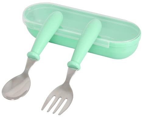 Cleminsta Cubiertos Bebé, Cubiertos Infantiles de Acero Inoxidable, Tenedor y Cuchara para Bebés con Mango Redondo, Cubiertos para Niños con Caja de Almacenamiento para Uso en Hogar y Escuela (Verde)