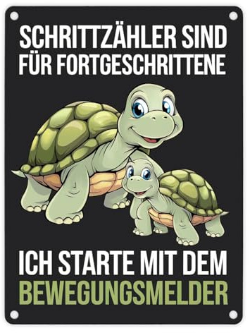 Schrittzähler für Fortgeschrittene - Schildkröte Metallschild in 15x20 cm Cartoon-Schildkröten auf schwarzem Hintergrund mit weißem Text und grünem Schrittzähler
