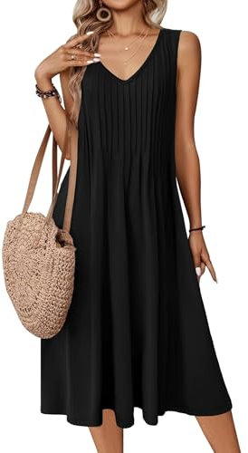 Zeagoo Damen Kleider Sommer Elegant Sommerkleider Ärmelloses V-Ausschnitt Freizeitkleid Lässig Tank Kleid A Linie Midikleid Tunikakleid mit Taschen Schwarz M
