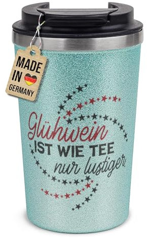 Tassendruck Glitzer To-Go Becher mit Spruch - Glühwein ist wie Tee - Geschenk für Familie & Freunde, Geschenke zu Weihnachten | Nachhaltig, Thermobecher Edelstahl, Blau 300 ml