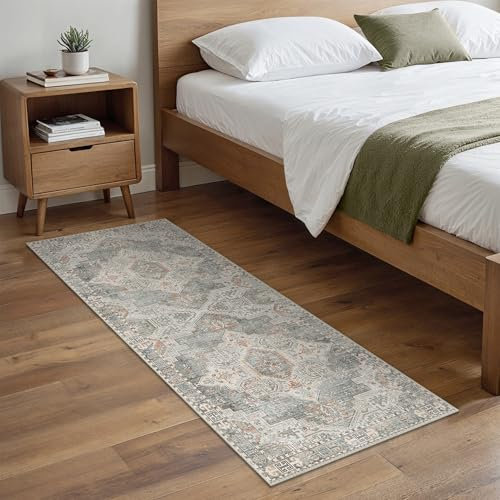 BEIMO Alfombra Salon Pelo Corto Vintage, Alfombra Dormitorio, Alfombras Antideslizantes Lavables, Alfombras Persas para Pasillo, Pequeño Cuarto, Gris, 60x150cm