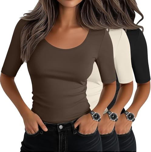 Neer 3 Pack Women's Scoop Neck Half Sleeve Tops, 3-Color, X-Large