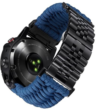 BINLUN Kompatibel mit Garmin Armband 22mm 26mm Geflochtene 550 Paracord Edelstahl Uhrenarmband Kompatibel mit Quickfit Kompatibel mit Fenix Kompatibel mit Forerunner Kompatibel mit Approach Dunkelblau