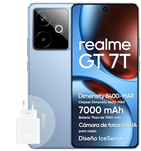 realme GT 7T Smartphone 5G 12+256 GB, chipset Dimensity 8400-MAX, batteria Titan da 7000 mAh, Display da 6,78 1.5K 120Hz, fotocamera AI Travel Snap, IP69, IceSense Azul