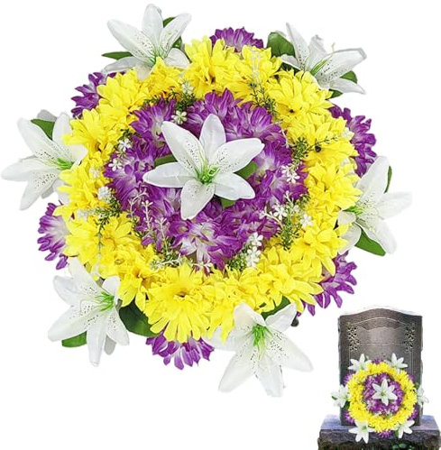 Coronas de Cementerio de 14 Pulgadas Coronas funerarias de Lirio Artificial con Flores de Seda, decoración de tumbas conmemorativas para la lápida de Cementerio Uso al Aire Libre