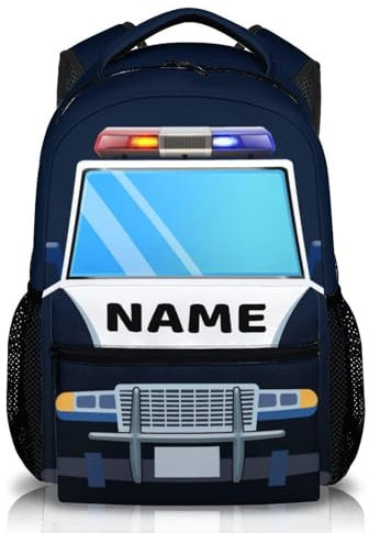 GiftRomance Personalisierter Kinderrucksack mit Namen – Polizeiauto Rucksack für Jungen – Kindergartenrucksack Kinder 3–10 Jahre – Schulrucksack mit Polizei-Motiv