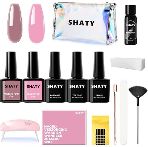 SHATY® BIAB Gel Nail Polish Set Seasonal-Inspired Colors Long-Lasting Builder in a Bottle for Strong Nails LED Curing, Easy At-Home Manicure Kit (Clear en Pink)