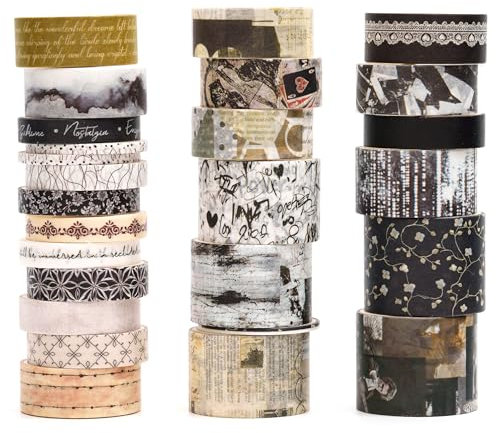 Songdao Retro Washi Tape Set, 24 Rollen Dekorative Antik Masking Tapes Vintage Klebeband Bunt für Kunst, DIY Handwerk, Tagebuch, Planer, Scrapbook, Verpackung (9-Monochrome Mood)
