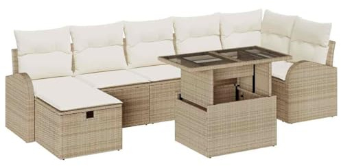 vidaXL Garten-Sofa-Set mit Kissen mit Speicher 8 pcs Beige Poly Rattan, Stylisches Garten-Sofa-Set, Moderne Lounge-Möbel, verstellbare Füße, wetterfest, perfekt für Terrasse und Garten