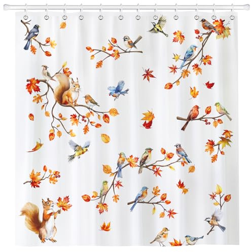 Arquiel Duschvorhang Ahornblatt Vogel Herbst Waschbar 182x182 cm Polyester Badezimmervorhang Dekor für Bad Dusche Badezimmer mit 12 Ösen und Ringen
