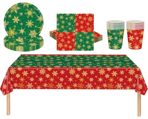 53Pcs Christmas Party Tableware Set for Table Decor,Red Green Snow 137x274cm Large Plastic Tablecloth Christmas Snowflake Party Paper Plates Cups Napkins Dinnerware Set for Xmas Favor