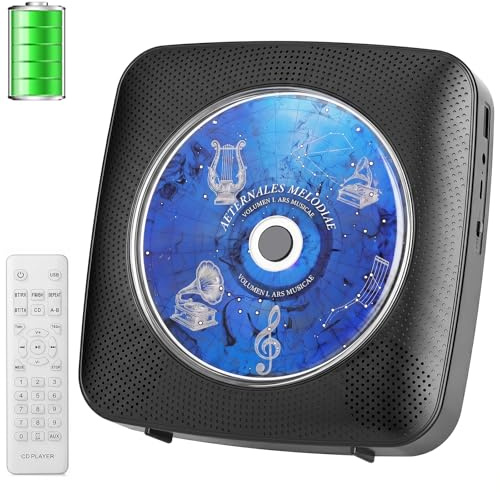 Gueray CD Player Portable: Bluetooth CD Players for Home with Speakers 1800mAh Rechargeable battery Remote Control Removable Dust Cover Wall Mounted CD-Player Supports FM Radio USB AUX Function Black