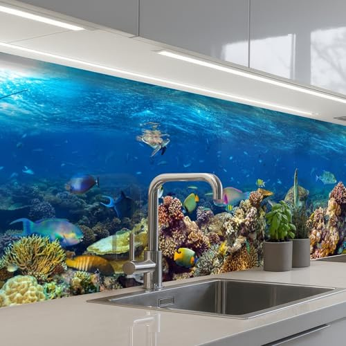 KitchenYeah© Spritzschutz Küche Küchen Rückwand Küchendeko Wand Wandschutz | 60x250 cm - Selbstklebend Backsplash Kitchen Peel And Stick Unterwasserlandschaft - Fische - Schildkröte - Blau