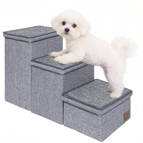 AKOZLIN Hundetreppe mit Stauraum, 3 Stufen, faltbar, grau, 44×31×70 cm | 3 in 1 Haustiertreppe, Extra breite Haustierrampe, Für kleine bis große Hunde, Für Katzen geeignet