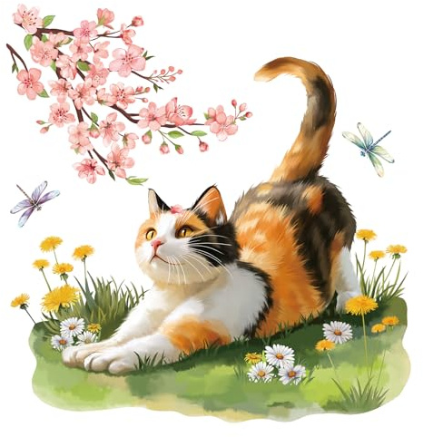 FUFUQUARE Adesivi Murali Gatto Fiori di Ciliegio Sticker da Muro Animali e Natura Acquerello Decorazione Murale Removibile per Camera da Letto Soggiorno Cameretta Bambini