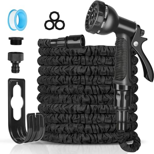 Expandable Garden Hose Pipe 15m/50ft, Heavy Duty Flexible with 7-Function Spray Gun, 3/4 1/2 Fittings, Double Layer Latex Core Hosepipe, Durable & Anti-Leak Kink Free (Black)