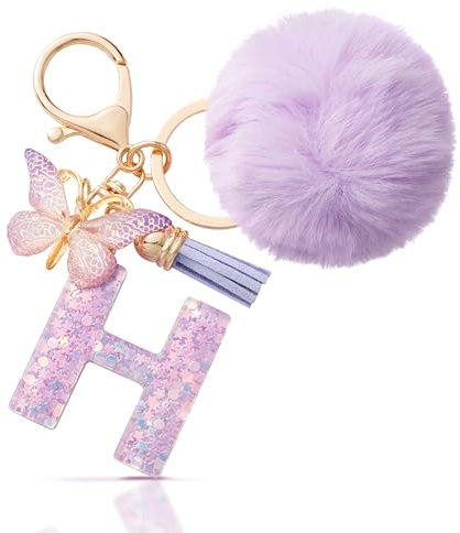 CHUQING Schlüsselanhänger Buchstabe Geschenke Mädchen mit Pompon | Schlüsselanhänger mit Buchstabe und Pompon, süßer Schmetterling Keychain als Geschenk für Mädchen und Damen