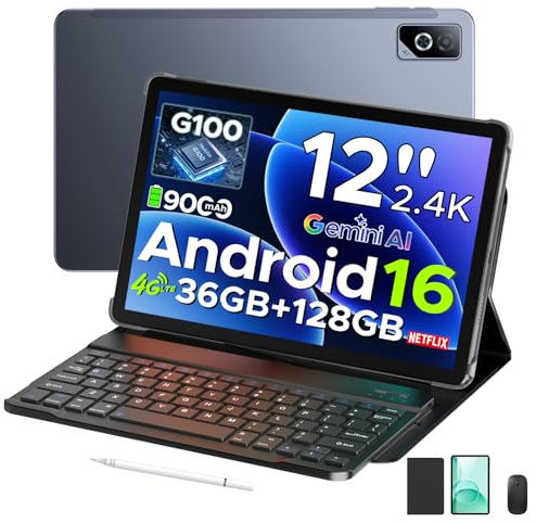 DOOGEETab Tab G6 Pro 12 Inch 2.4K Tablet, Android 16 Tablet with Keyboard, Helio G100 Gaming Tablet, 36GB+128GB/2TB, 9000mAh Battery, 4G LTE/90Hz/Widevine L1/Gemini AI, Tablet with Pen, Mouse&Case