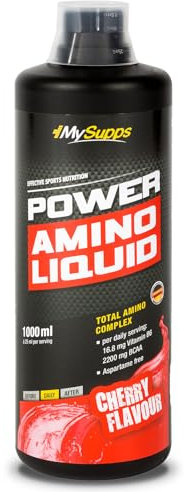 My Supps Power Amino Liquid 1000ml Kirsche Cherry – flüssiger Aminosäuren Komplex mit BCAA, EAA und Vitamin B6 – Protein-Hydrolysat ohne Laktose – trinkfertig – made in Germany