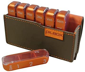 PILBOX Pillendose Mini Schokolade, Pillendose mit Wochenansicht, Taupe/Orange