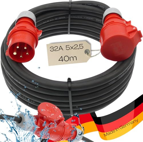 Starkstromkabel 32A 40m H07RN-F 5x2,5 Starkstrom Verlängerungskabel CEE Verlängerung 32 Ampere Kabel 5x2,5mm2 Baustelle Werkstatt Industrie Geeignet Outdoor IP44 Spritzwassergeschützt